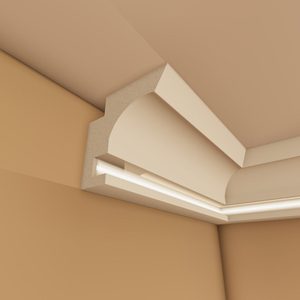 Stiropor lajsna za LED rasvetu ALL-99, presek lajsne sa upaljenom LED trakom u kanalu